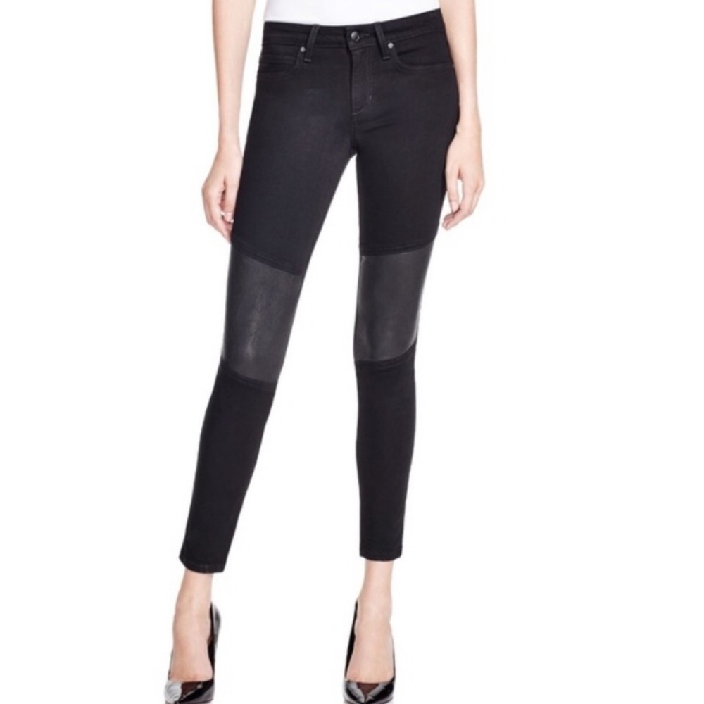 Joe’s Jeans “Flawless The Pheonix Ankle” black jeans with leather patch knees